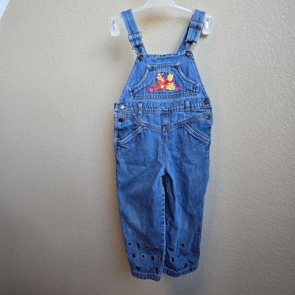 Disney Winnie the Pooh Tigger Denim Overalls Blue Kids Grommet Detail Vintage